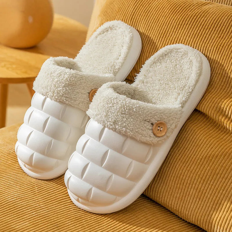 Plaid patterned detachable slippers with a warm plush lining and a textured EVA nonslip sole.