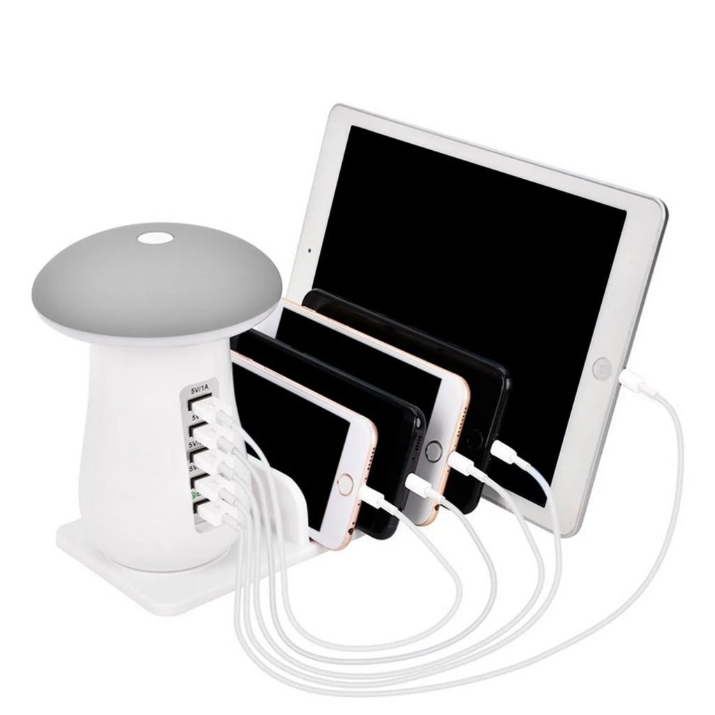 White mushroom-shaped USB charging dock station with 5 ports and integrated LED night light on desk