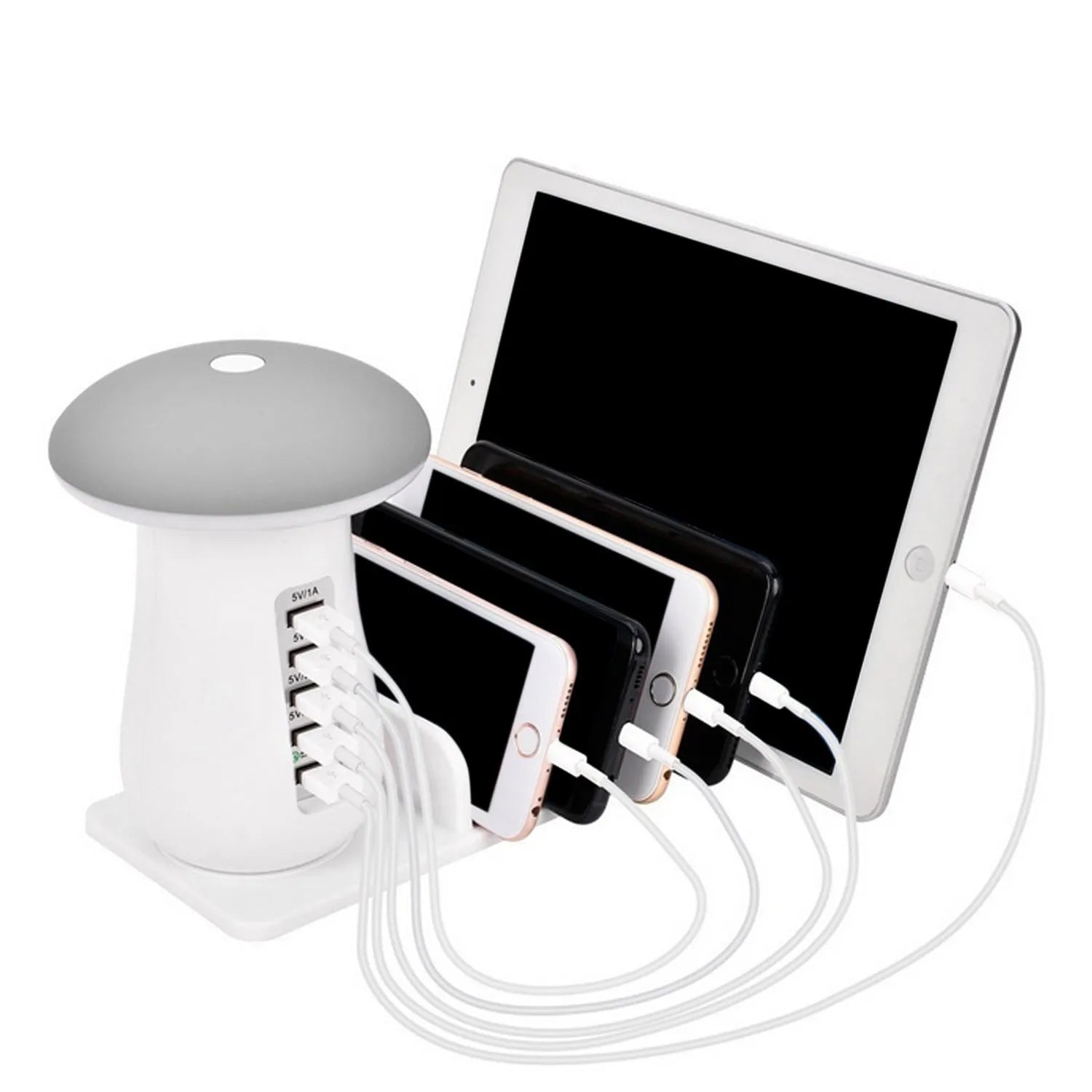 White mushroom-shaped USB charging dock station with 5 ports and integrated LED night light on desk