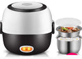 Multi-function electric lunch box with heating element showing two-layer and three-layer capacity options