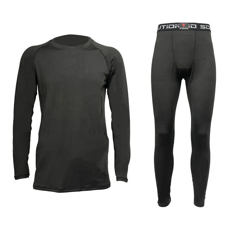 Skiing quick-dry base layer set top and trousers in black, front view on model