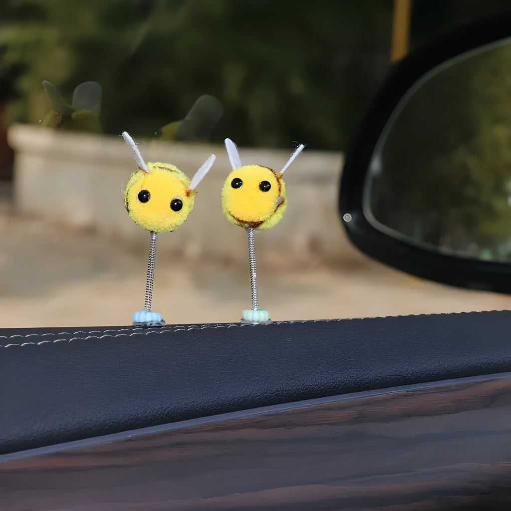 Square fur ball cartoon bee car decoration with black and yellow colours