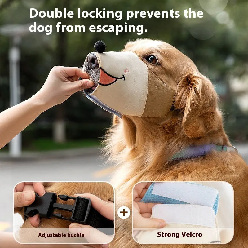 Canvas dog mouth cover muzzle in Ollie Brown Bear colour, shown alongside Bondi Blue Shark option, with sizing guide for small to extra-large dogs.