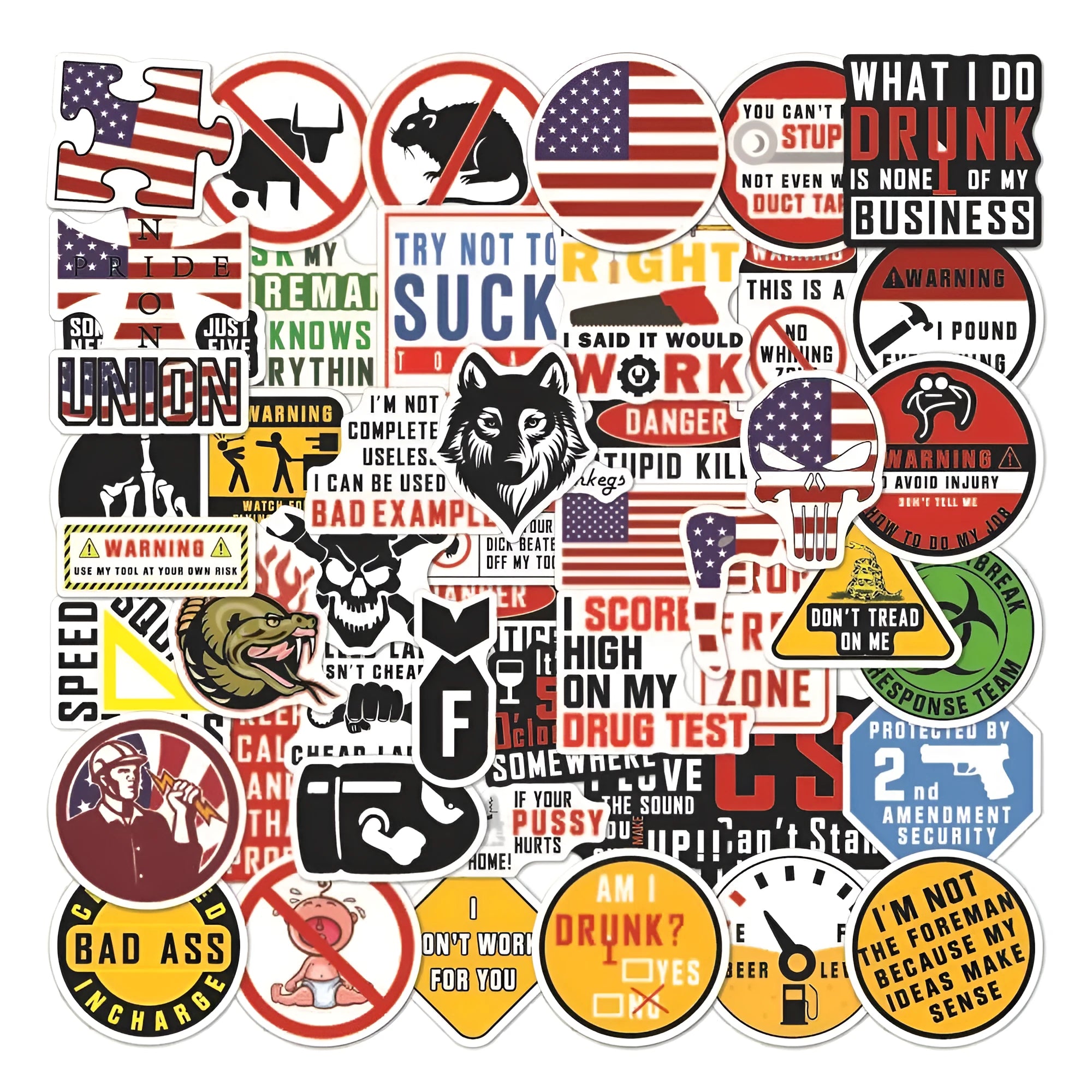 Pack of 50 waterproof personalised stickers for motorcycle helmets with warning slogans