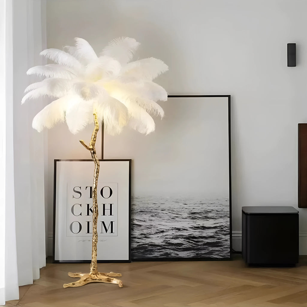 Tall decorative floor lamp with many resin feathers in choice of dark green, pink or white colour