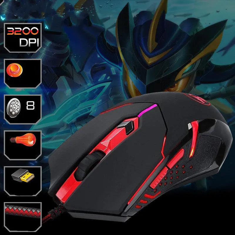 Black and red USB wired optical gaming mouse with six buttons and ergonomic shape