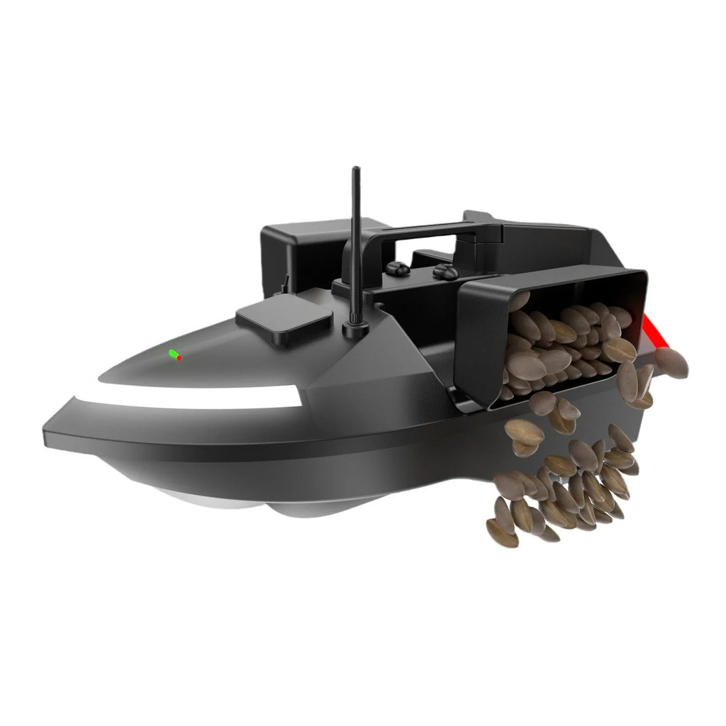 Black remote control GPS fishing boat with antenna and bait container on 49cm hull