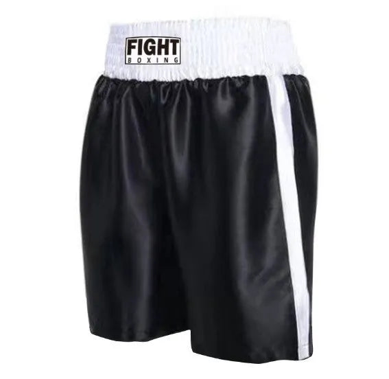 Boxing shorts for kickboxing in black and gold colour combination on a size chart.