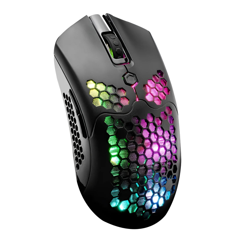 Free Wolf X2 wireless gaming mouse in five colour options showing RGB lighting and ergonomic design