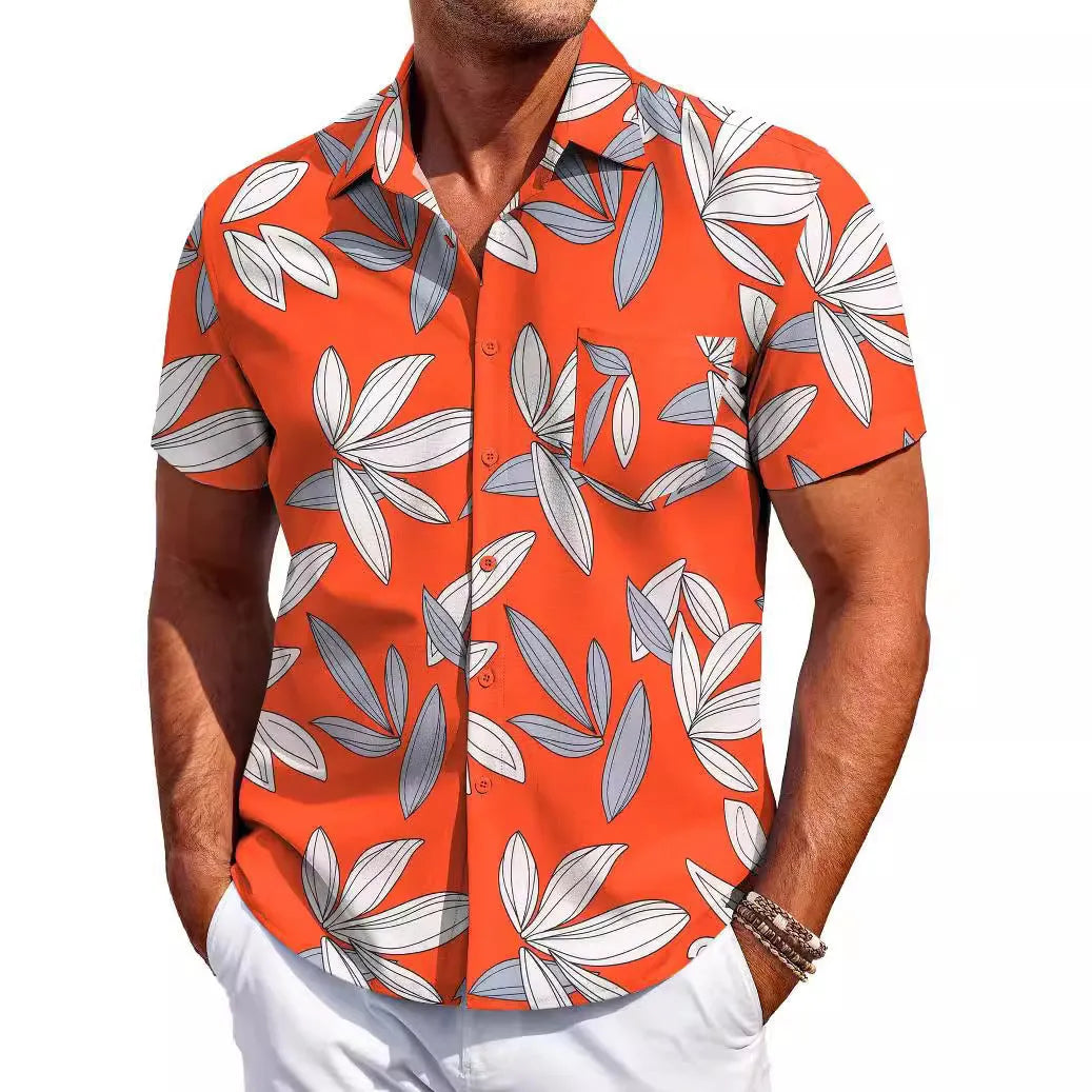Men's slim-fit Hawaiian shirt cardigan in elastic polyester fabric with short sleeves