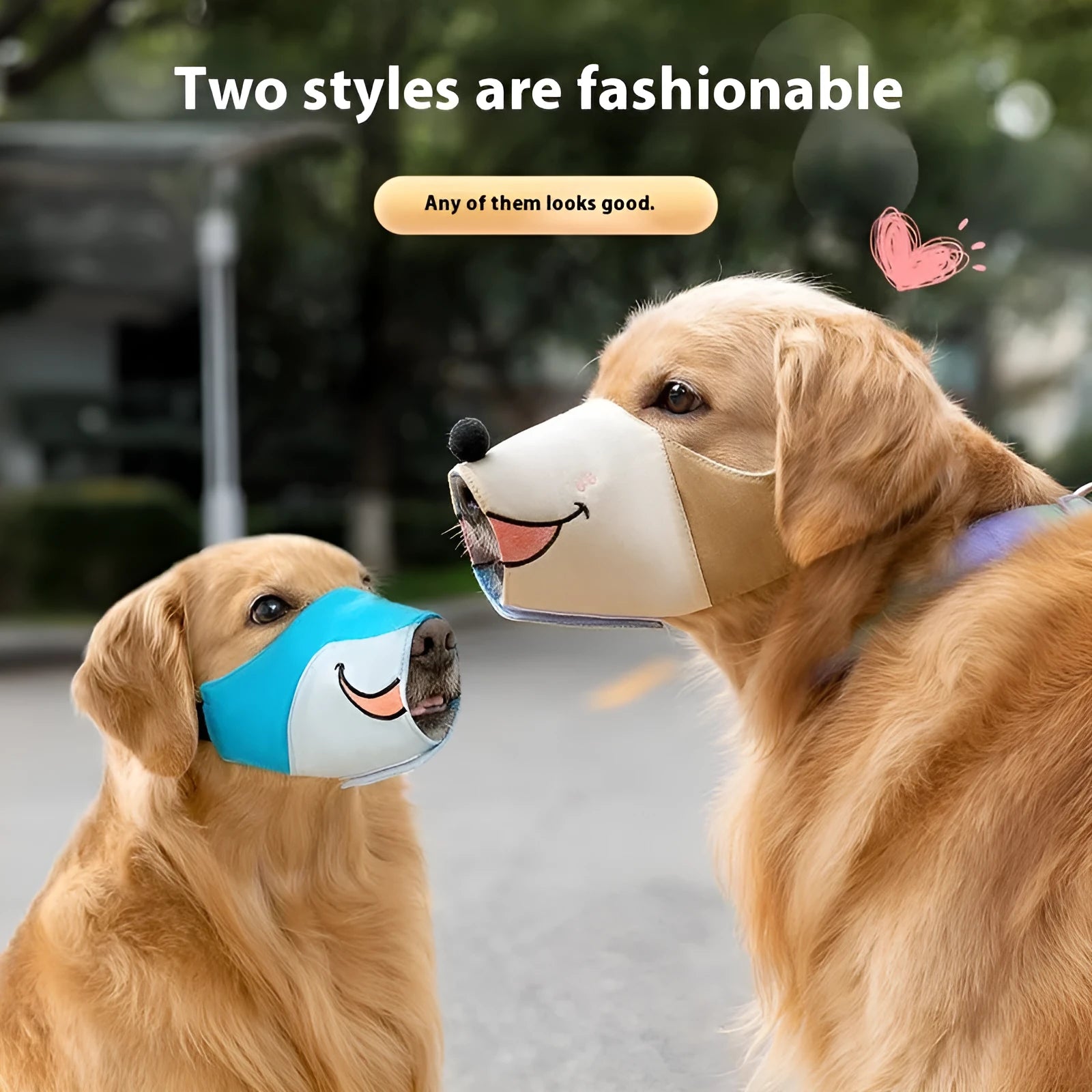 Canvas dog mouth cover muzzle in Ollie Brown Bear colour, shown alongside Bondi Blue Shark option, with sizing guide for small to extra-large dogs.