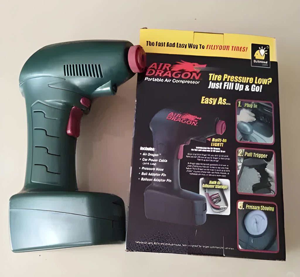 A portable 12V car electric tyre inflator pump unit with power cord and hose.