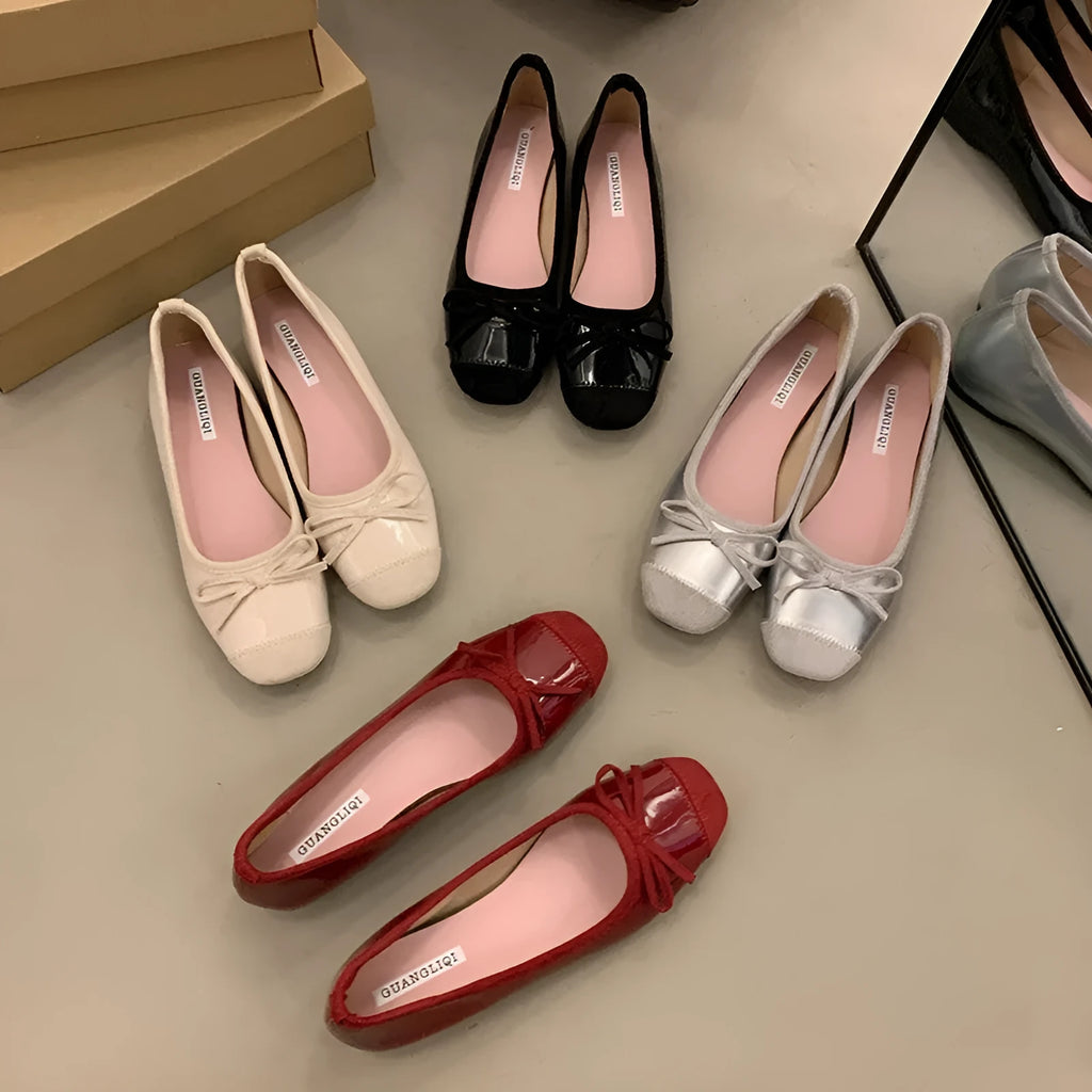 Women's retro ballet flat shoes with square toe and bow detail in wine red colour