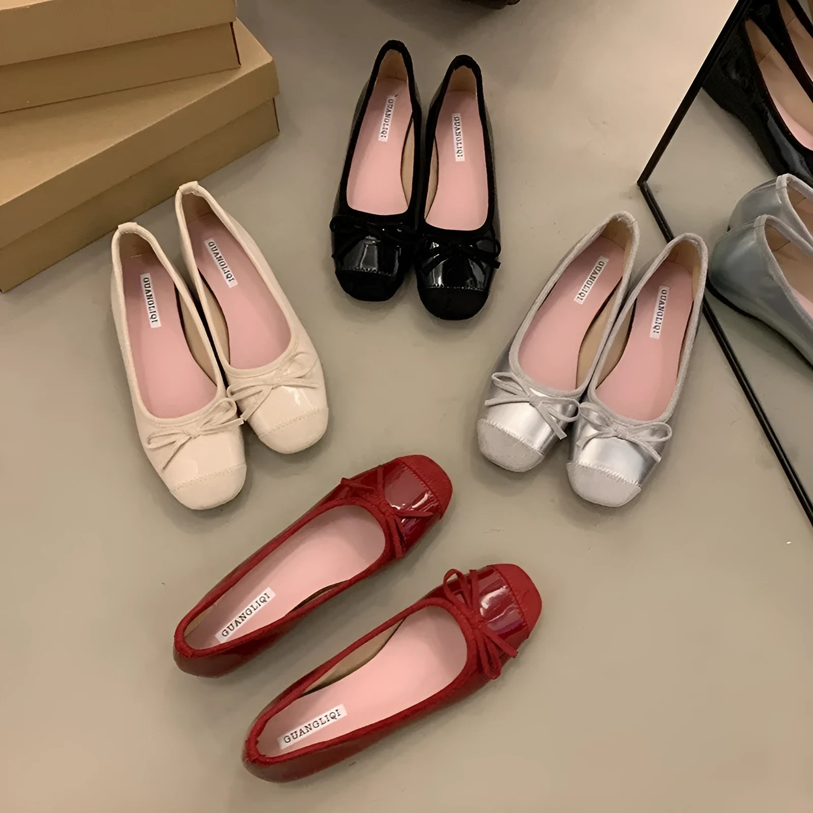 Women's retro ballet flat shoes with square toe and bow detail in wine red colour