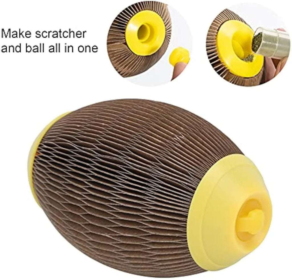 Ellipse-shaped catnip football toy made from recycled corrugated paper with scratching surfaces