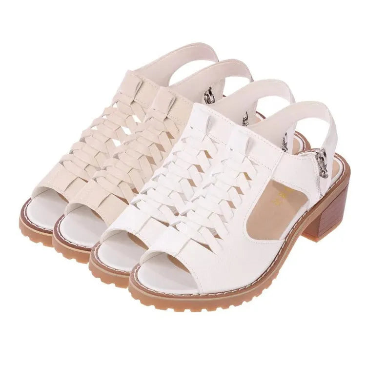 Women's retro-style sandals with a side zipper in a pure colour on a beef tendon sole.