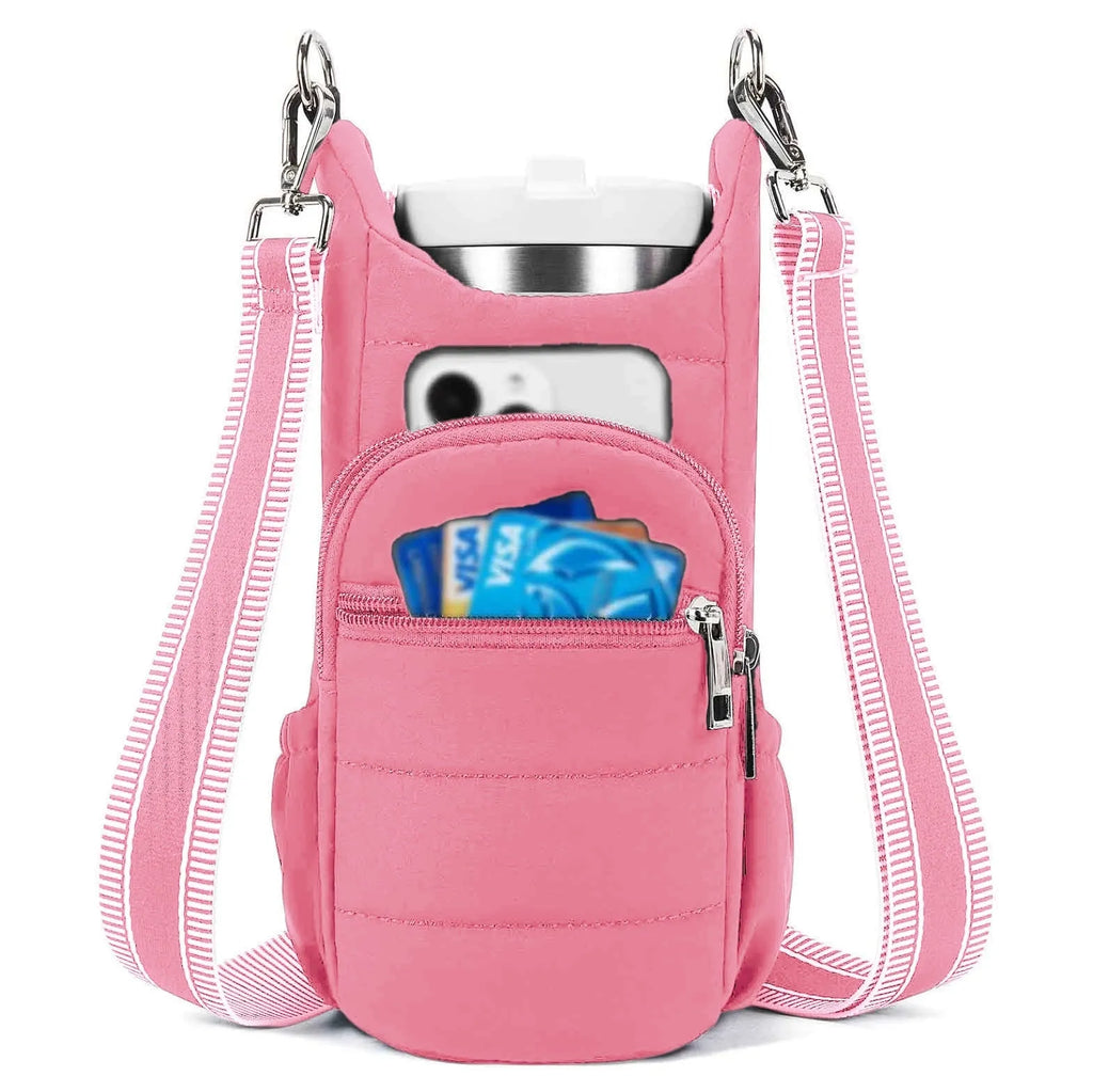 A modern simplicity style cloth water bottle bag for bicycles in a choice of black, pink or beige.