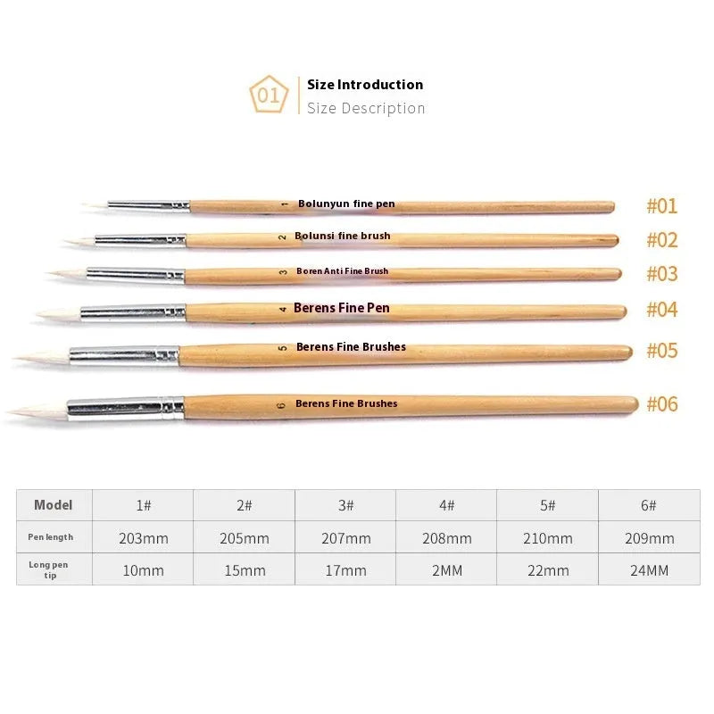 Wooden hook line pen brush six-piece set with artistic wool pointed design in conventional colours
