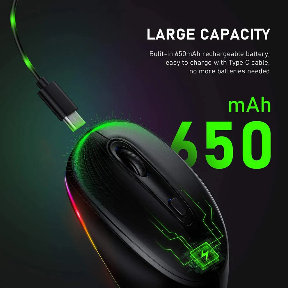 24g rechargeable wireless mouse in various colours, shown with USB charging cable.