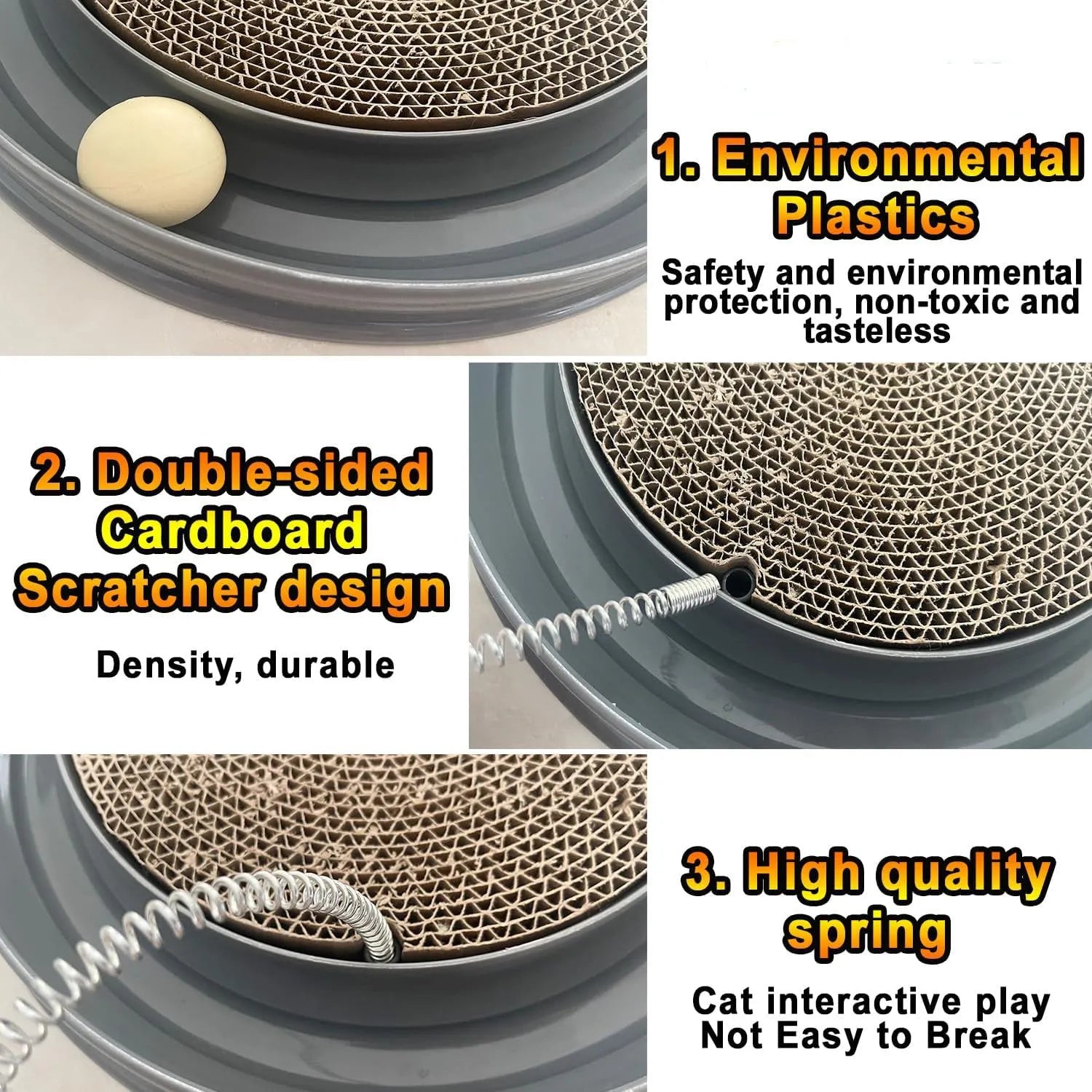 Blue interactive cat scratcher toy with a round scratching pad, ball track, and a mouse swatter on a circular base.