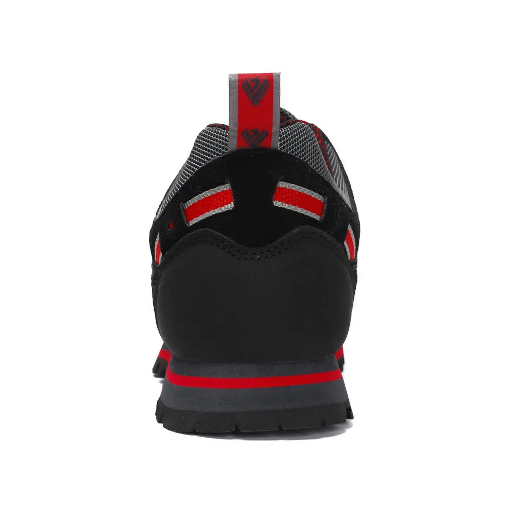Men's hiking shoes with shock absorber sole in red and yellow, sizes 39 to 46