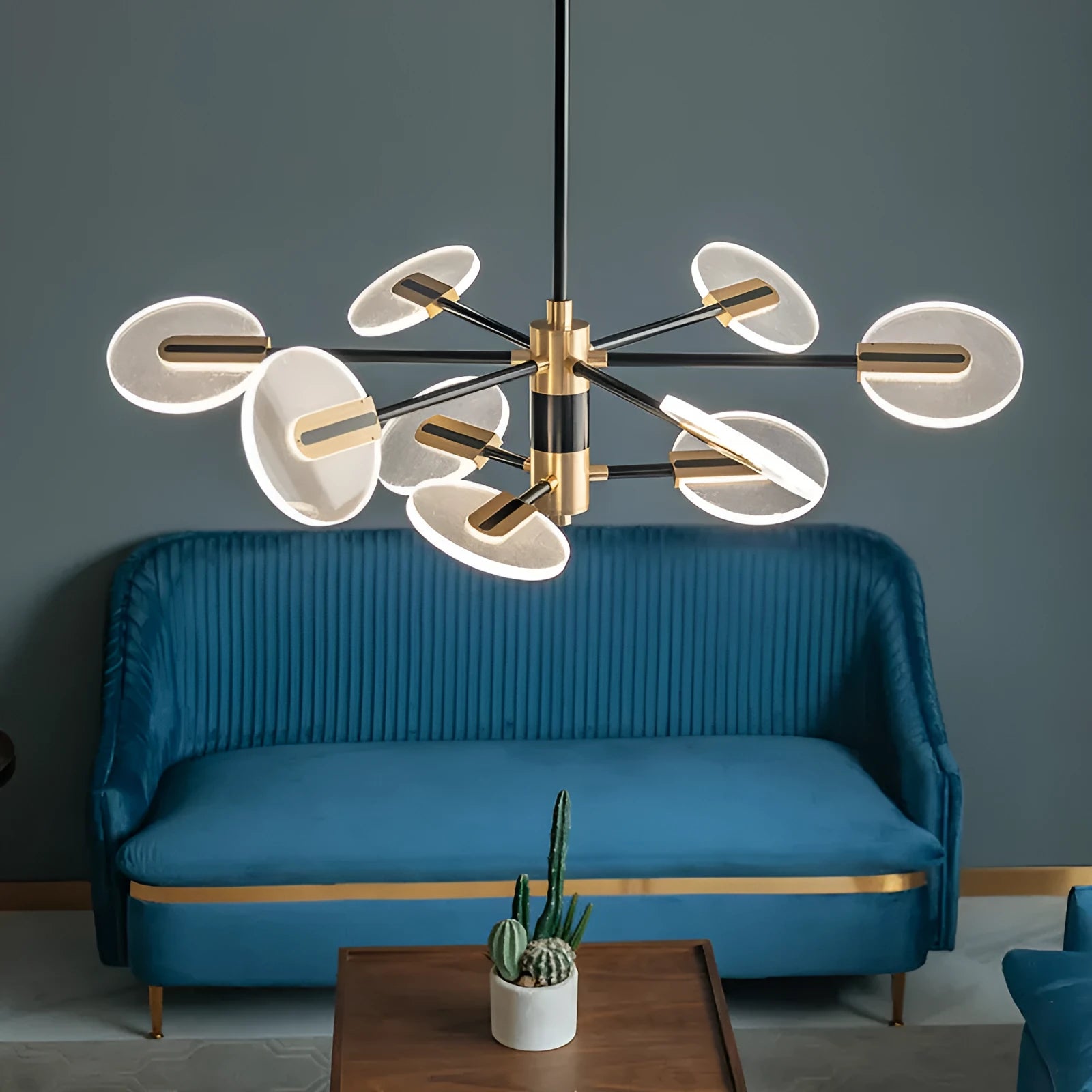 Nordic style iron and acrylic LED chandelier pendant lamp with multiple light heads.