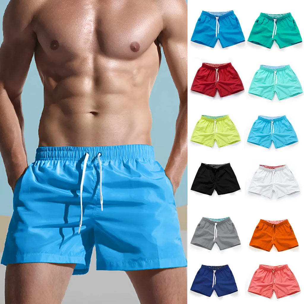 Men's black polyester beach shorts with straight leg opening on a mannequin