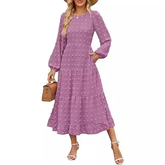 Women's long sleeve autumn dress with ruffle sleeves and high waist in solid colour options