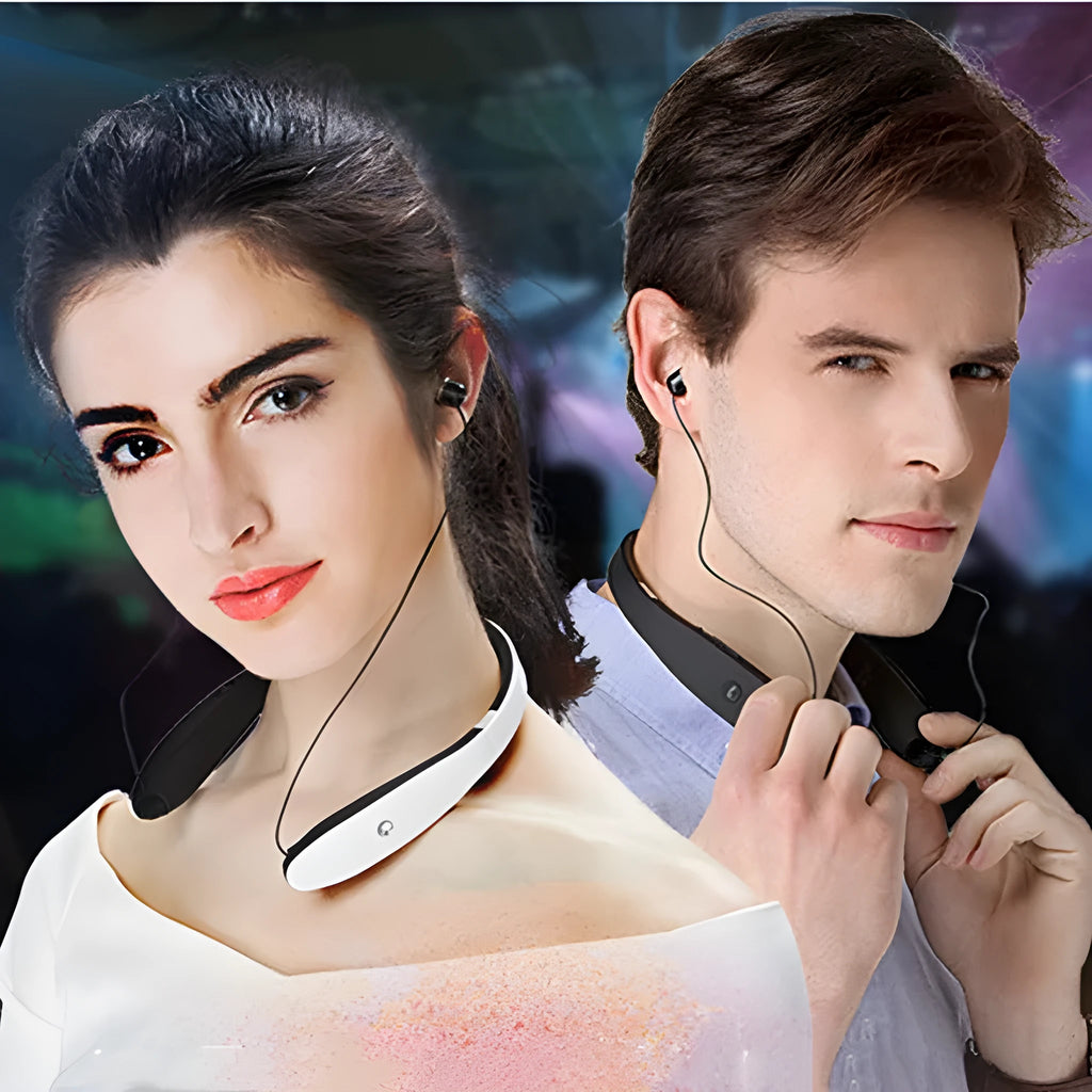 SX991 Wireless Retractable Earbuds in black with neck-hanging design and battery display