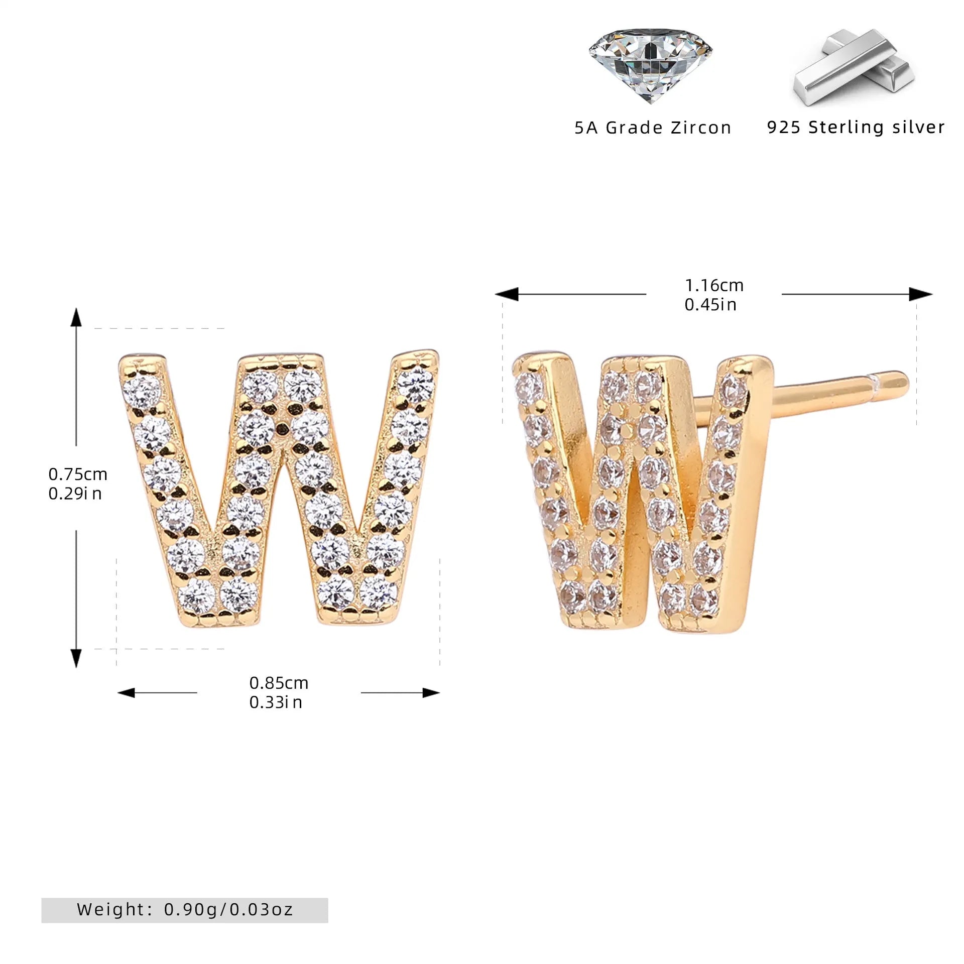 925 silver letter ear stud with electroplated gold finish, alphabet motif