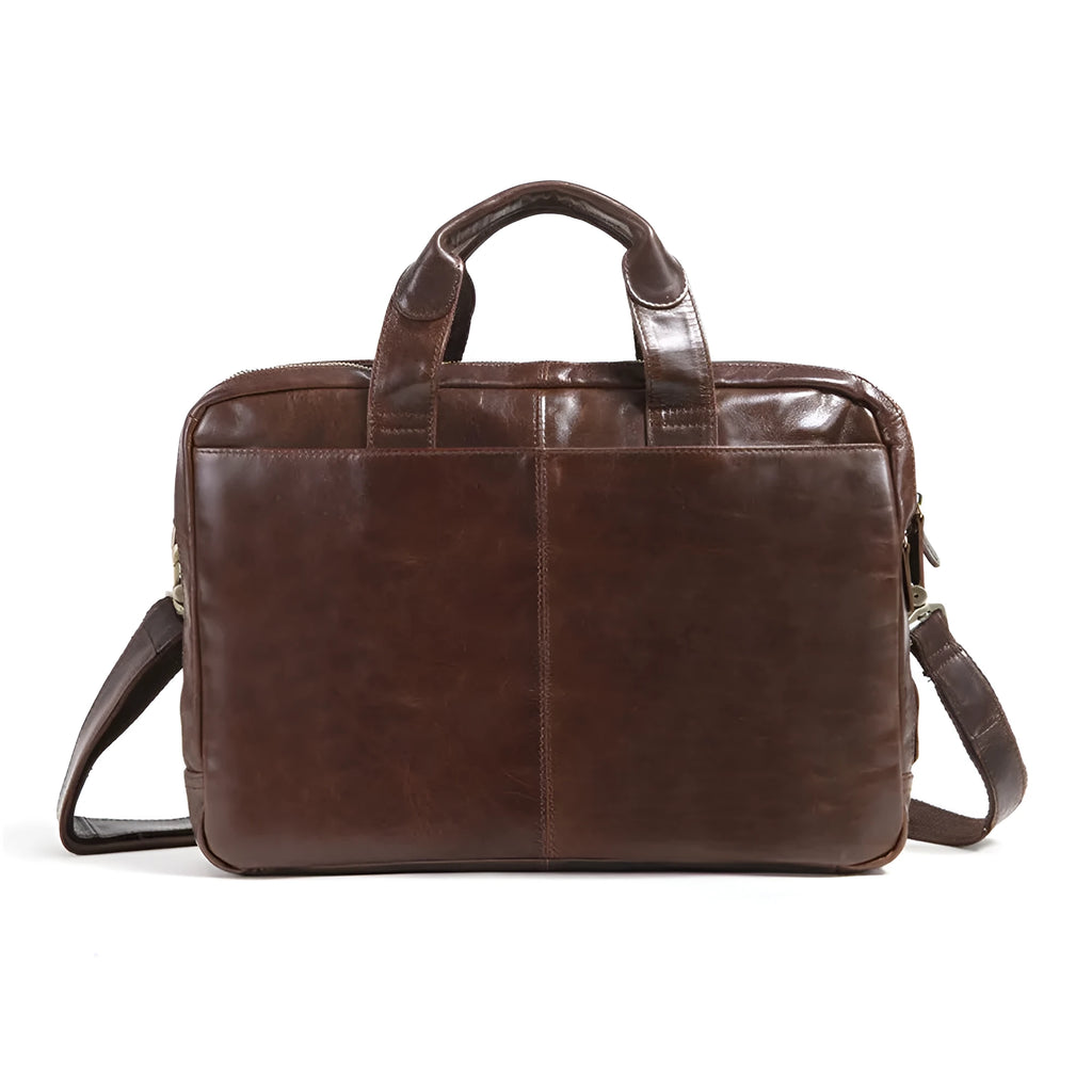Brown cowhide leather business briefcase with 18-inch size for laptop and document organisation