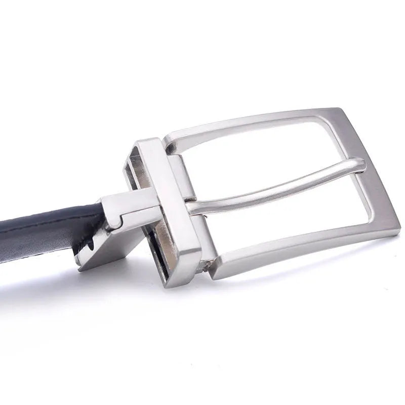 Men's dark brown and black genuine leather belt with a rotating alloy pin buckle.