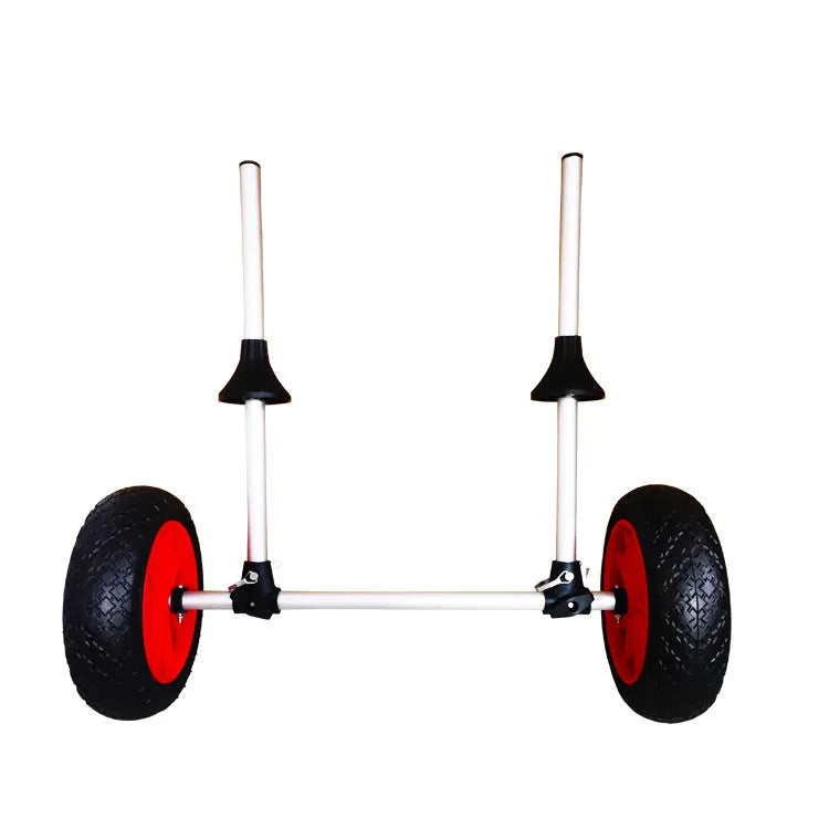 Foldable aluminium kayak trailer with upright pole platform and small cart for transport.