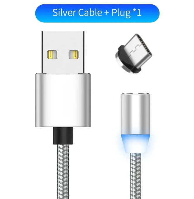 Black braided magnetic USB charging cable with LED light and aluminium connector.