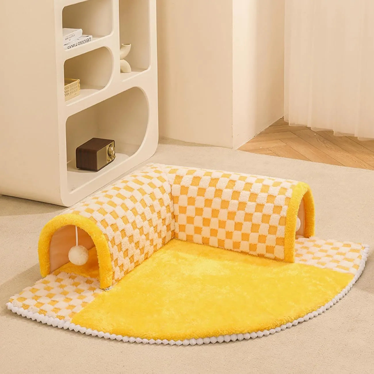 XL size coffee and yellow plush 2-in-1 pet bed with integrated tunnel for cats and dogs