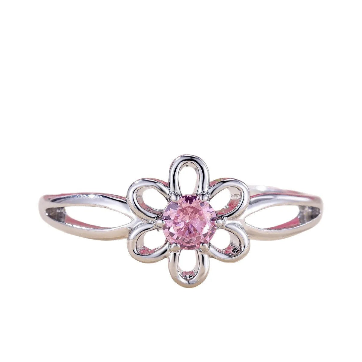 Women's hollow floral fashion ring in copper with electroplated finish, shown in platinum pink diamond colour.