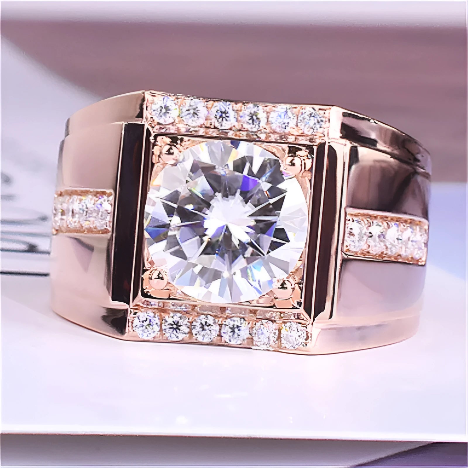 Men's adjustable open mouth ring with diamond-shaped geometric design and zircon stone centrepiece