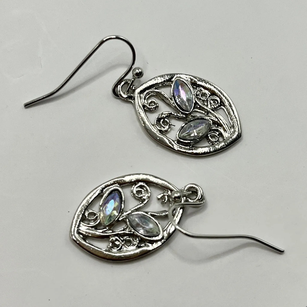 Women's creative leaf design earrings with embedded colourful moonstones in silver alloy setting