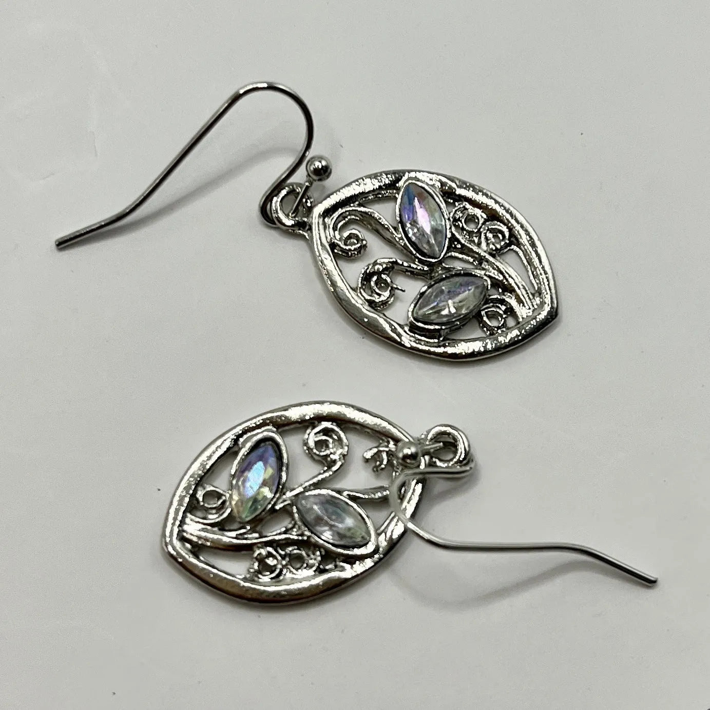 Women's creative leaf design earrings with embedded colourful moonstones in silver alloy setting