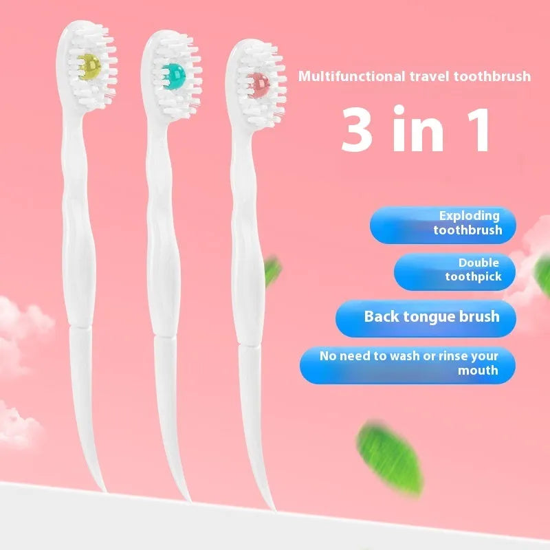 Box containing 20 individual pre-pasted bead toothbrushes for travel, shown with mint, peach, and green tea flavour options.
