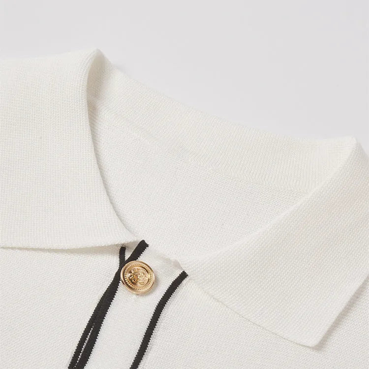White short sleeve cardigan with contrast lapels in Old Money style made of polyester viscose blend