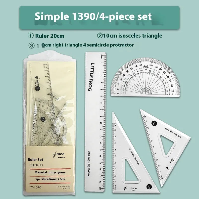 Youpai transparent acrylic drawing ruler set with square protractor and triangle rulers on a technical sketch.