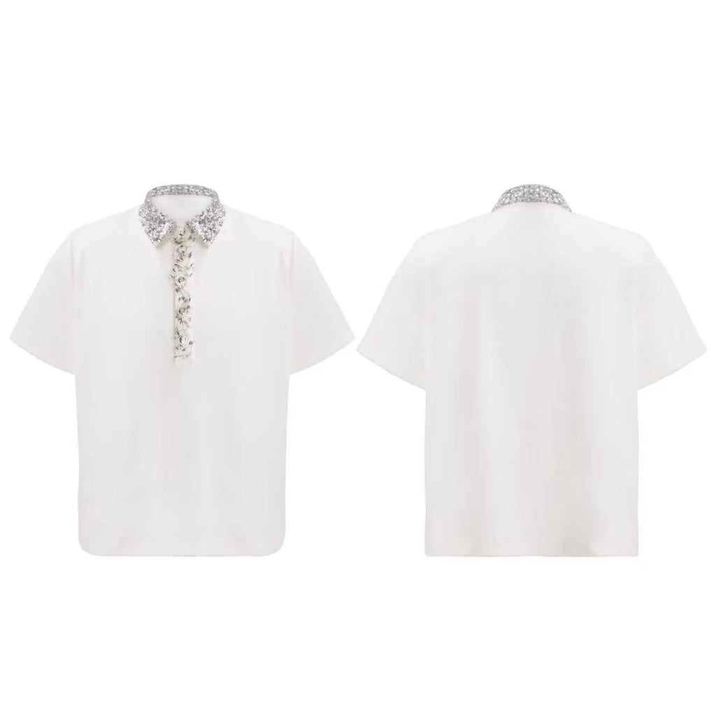 Men's black loose fit polo shirt with square collar and sequin embroidery on short sleeves