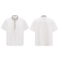 Men's black loose fit polo shirt with square collar and sequin embroidery on short sleeves