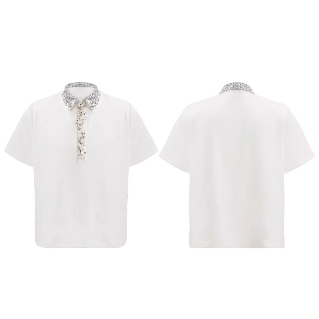 Men's black loose fit polo shirt with square collar and sequin embroidery on short sleeves