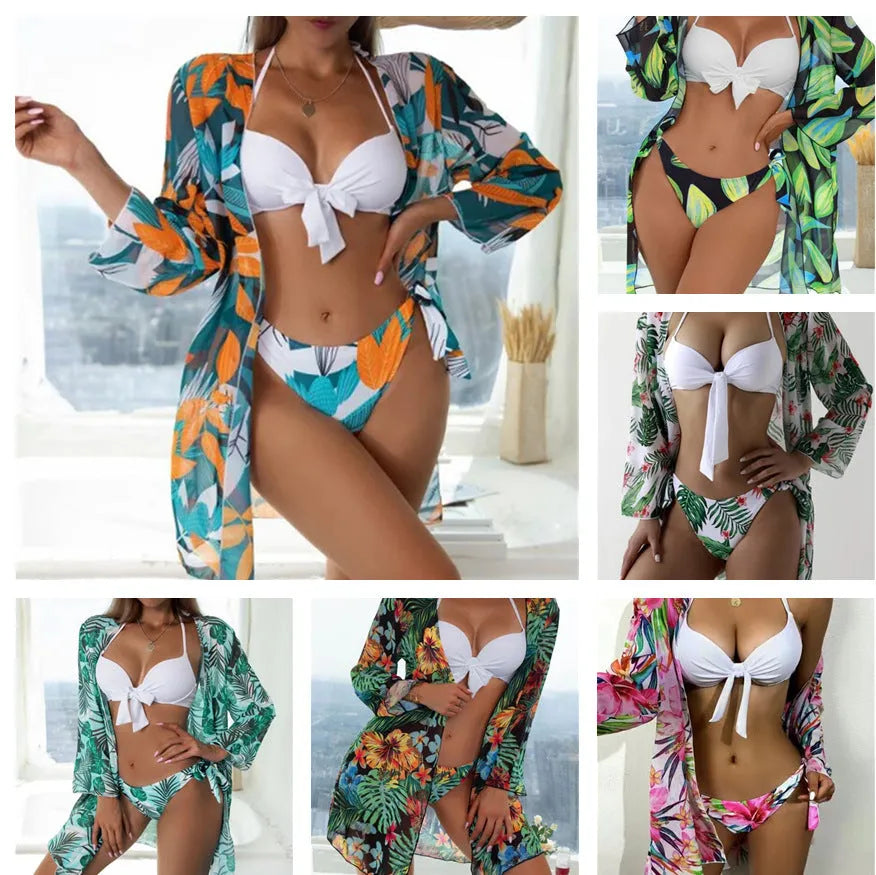 Women's three-piece mesh bikini swimsuit set in quick-dry fabric.