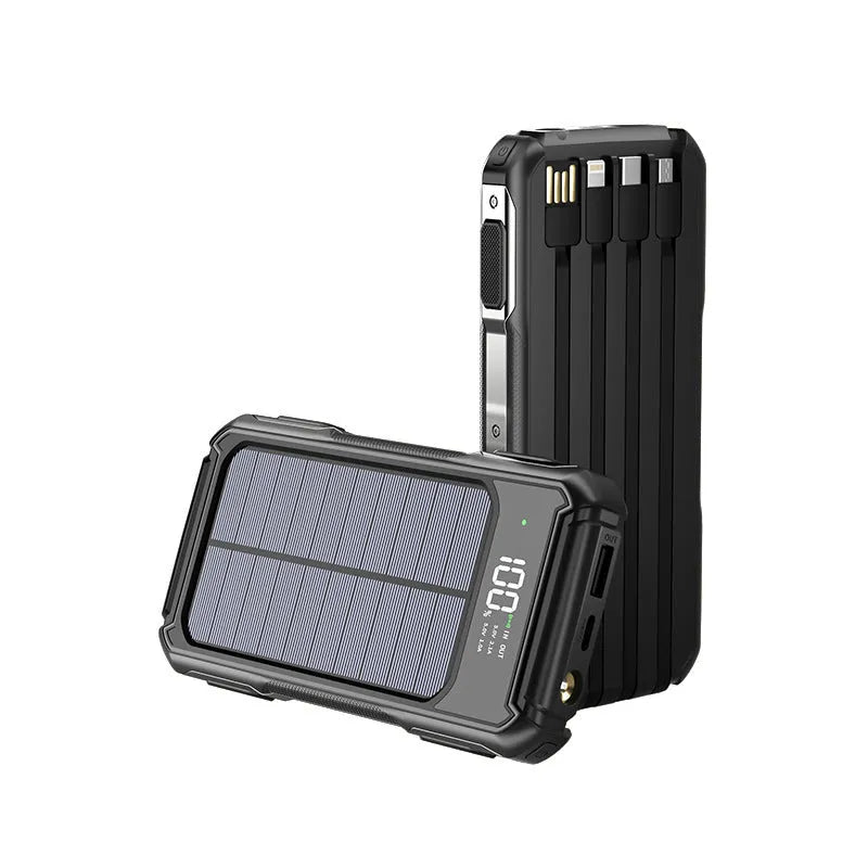 Black, green, and orange coloured large capacity mobile power bank showing size comparison.