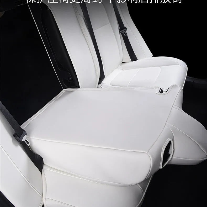 Tesla Model 3 and Model Y dedicated car seat cover in black or white, showing PVC chloroprene material.