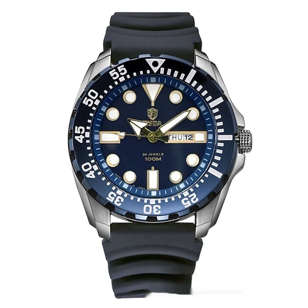 Men's waterproof luminous quartz watch with 15mm thickness in blue, silver or black case options