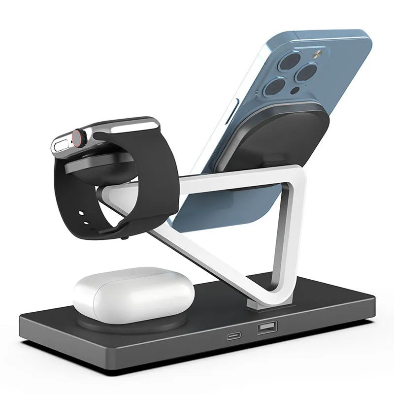 White five-in-one wireless charging station with night lamp, phone charging bracket, watch charger and circular charging base